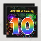 Spaß-Feuerwerke + Regenbogen-Muster "10" Einladung (Vorne/Hinten)