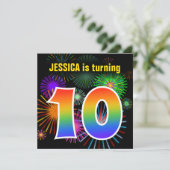 Spaß-Feuerwerke + Regenbogen-Muster "10" Einladung (Stehend Vorderseite)