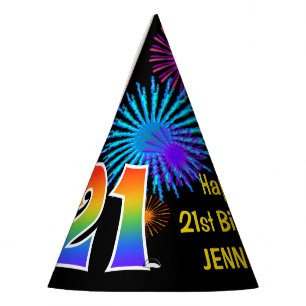 Spaß-Feuerwerke + Regenbogen-Muster "21" Partyhütchen