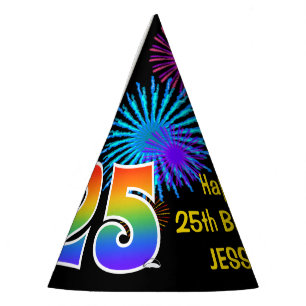 Spaß-Feuerwerke + Regenbogen-Muster "25" Partyhütchen