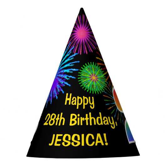 Spaß-Feuerwerke + Regenbogen-Muster "28" Partyhütchen (Vorderseite)