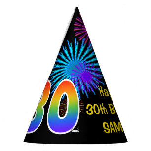 Spaß-Feuerwerke + Regenbogen-Muster "30" Partyhütchen