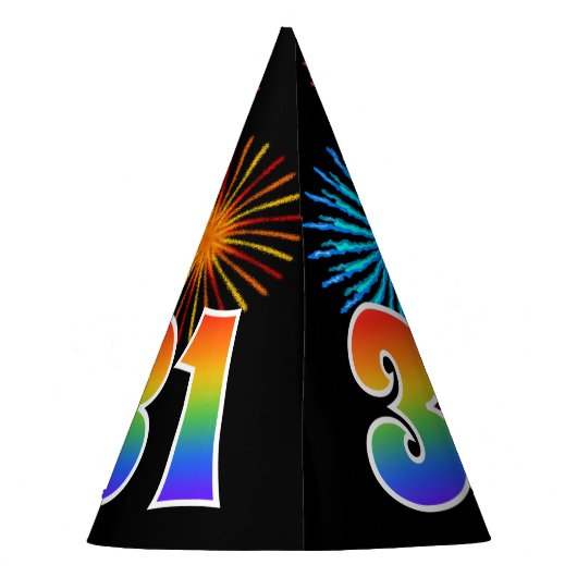Spaß-Feuerwerke + Regenbogen-Muster "31" Partyhütchen (Rückseite)