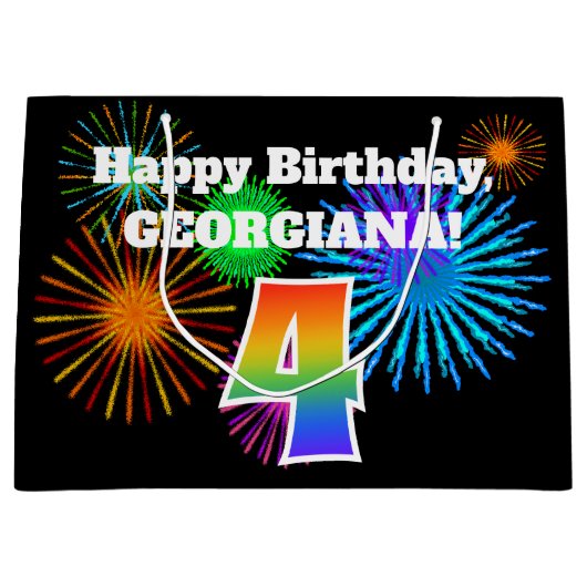 Spaß-Feuerwerke + Regenbogen-Muster "4" Geburtstag Große Geschenktüte (Vorderseite)