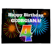 Spaß-Feuerwerke + Regenbogen-Muster "4" Geburtstag Große Geschenktüte (Rückseite)