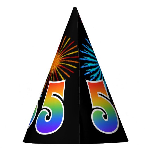 Spaß-Feuerwerke + Regenbogen-Muster "55" Partyhütchen (Rückseite)