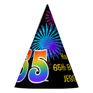 Spaß-Feuerwerke + Regenbogen-Muster "65" Partyhütchen