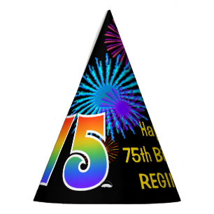 Spaß-Feuerwerke + Regenbogen-Muster "75" Partyhütchen