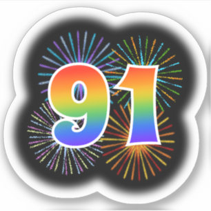 Spaß-Feuerwerke + Regenbogen-Muster "91" Ereignis Aufkleber