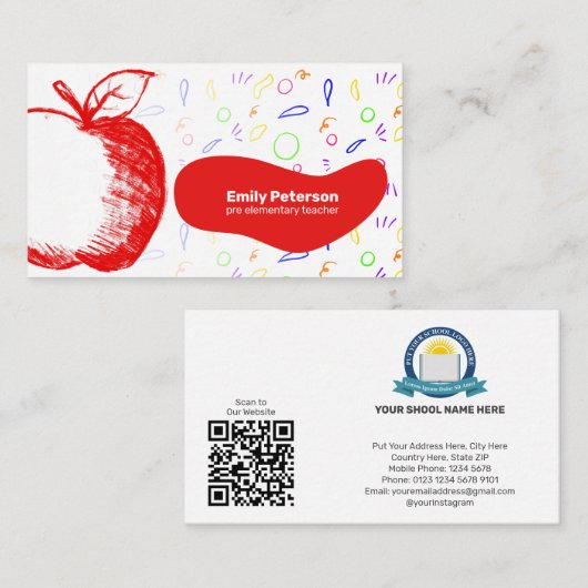 Spaß & Freundlichkeit Lehrer Red Apple Sketch Hand Visitenkarte (Vorne/Hinten)