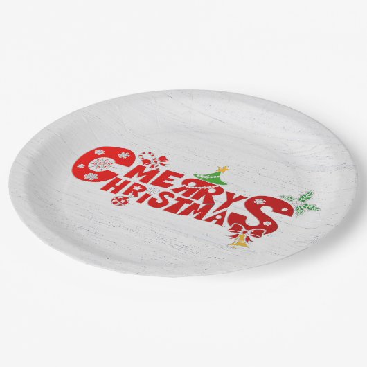 Spaß frohe Weihnachten Text auf weißem Holz Pappteller (Schrägansicht)