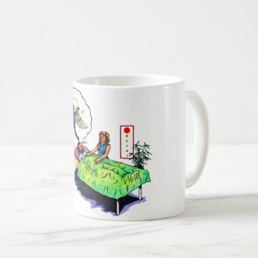 Spaß glücklich Typ bekommt eine Reiki Behandlung u Kaffeetasse (VorderseiteRechts)