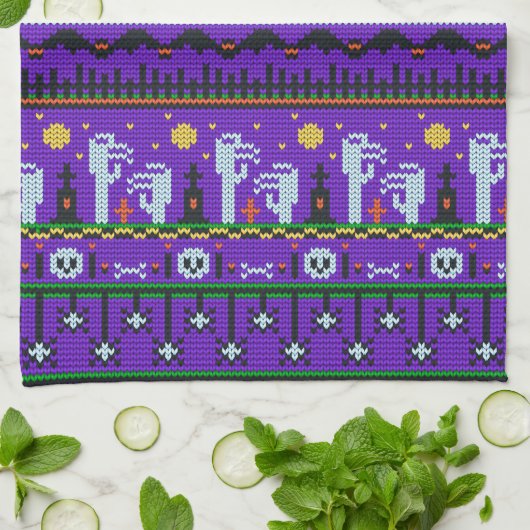 Spaß Halloween-Stoff lila Strickmuster Geschirrtuch (Gefaltet)