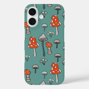 Spaß, handgezogene Pilze auf hellblauem Hintergrun iPhone 16 Hülle