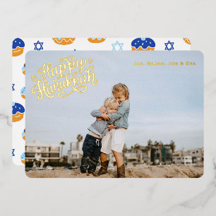 Spaß Hanukkah Stars & Jelly Donut Gemustertes Gold Folien Feiertagskarte
