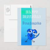 Spaß Hund Blau Zeichnend Happy Birthday Kinder Postkarte (Vorne/Hinten)
