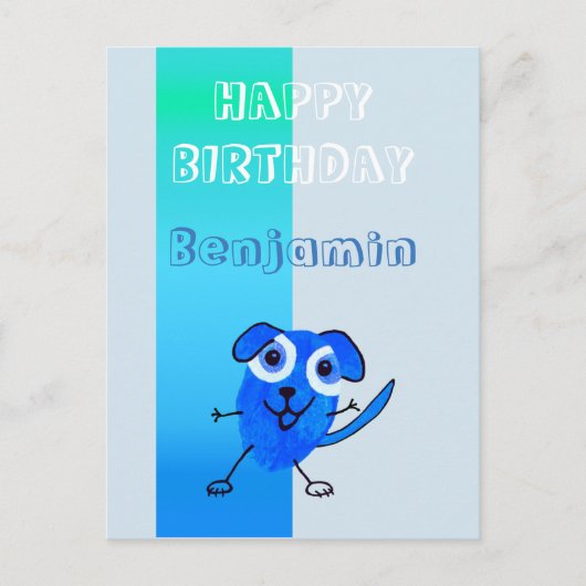 Spaß Hund Blau Zeichnend Happy Birthday Kinder Postkarte (Vorderseite)