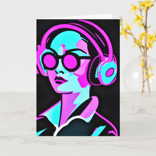 Spaß im Sommer | AI Art Cool Lady in Kopfhörern Karte (Gelbe Blume)