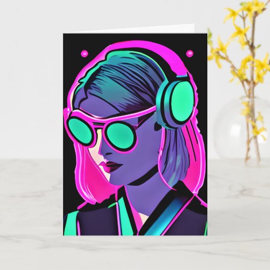 Spaß im Sommer | AI Art Women in Headphones Karte (Gelbe Blume)