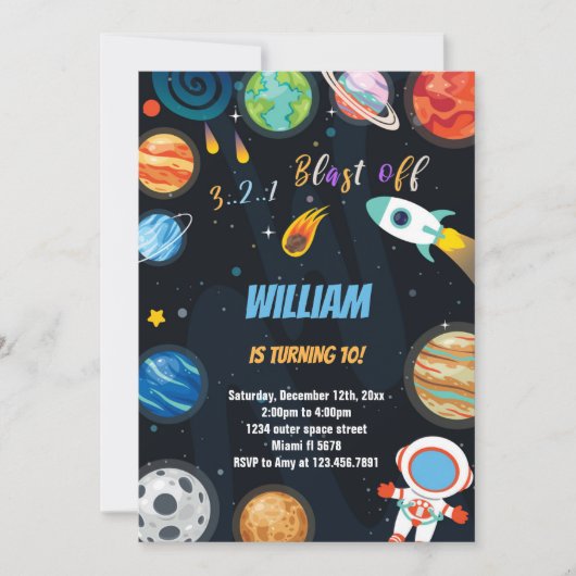 Spaß im Weltraum Thema Kinder Einladung (Vorderseite)