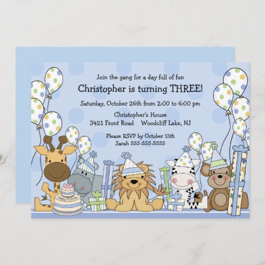 Spaß-Jungen-Safari-Tier-Geburtstag Einladung (Vorne/Hinten)