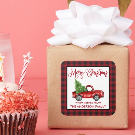 Spaß Kalligrafie Weihnachten Vintager LKW Kariert Quadratischer Aufkleber (Party)