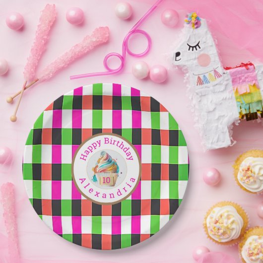 Spaß Kariert rosa und grün | Cupcake Pappteller (Party)