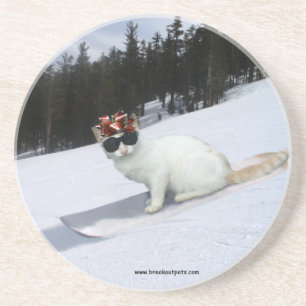 Spaß-Katze auf ein Snowboard-Untersetzer Sandstein Untersetzer