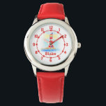 Spaß Kinder Leuchtturm nautische Kunst Armbanduhr<br><div class="desc">Kinder Leuchtturm Aquarellkunst mit dem Namen grafische nummerierte Uhr. Niedlicher Leuchtturm Leuchtfeuer auf Meer handgemalt in Aquarell von Sarah Trett.</div>