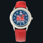 Spaß Kinder mit Namen Rot-Blau-ZugArmbanduhr Armbanduhr<br><div class="desc">Kinder der grafischen Kunst sehen einen roten,  grafischen Dampfzug auf dunkelblauem Hintergrund mit weißen Uhrennummern. Anpassen mit Ihrem Namen derzeit liest Benjamin.</div>
