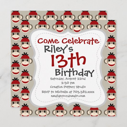 Spaß lächelnd Red Sock Affen Happy Patterns Einladung (Vorne/Hinten)