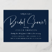 Spaß Lässiges Script Navy Blue Brautparty Silver Folieneinladung (Vorderseite)