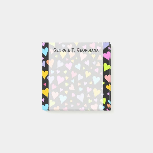 Spaß, liebend, buntes Herz-Muster + Individueller Post-it Klebezettel (Vorderseite)