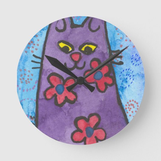 Spaß-lila geblühte Katze Runde Wanduhr (Vorderseite)
