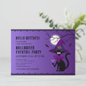 Spaß Lila schwarzer Katze Hexenhut MondHalloween Einladung (Stehend Vorderseite)