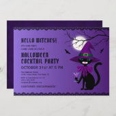 Spaß Lila schwarzer Katze Hexenhut MondHalloween Einladung (Vorne/Hinten)