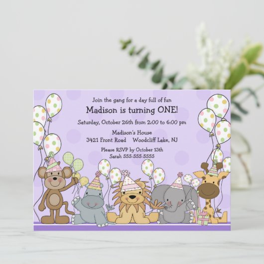 Spaß-Mädchen-Safari-Tier-Geburtstag Einladung (Stehend Vorderseite)