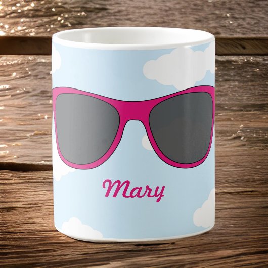 Spaß Magenta Sonnenbrille gegen Blue Sky Kaffee Ta Kaffeetasse