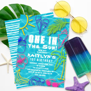 Spaß Neon eins in der Sonne Sommer 1. Geburtstag Einladung