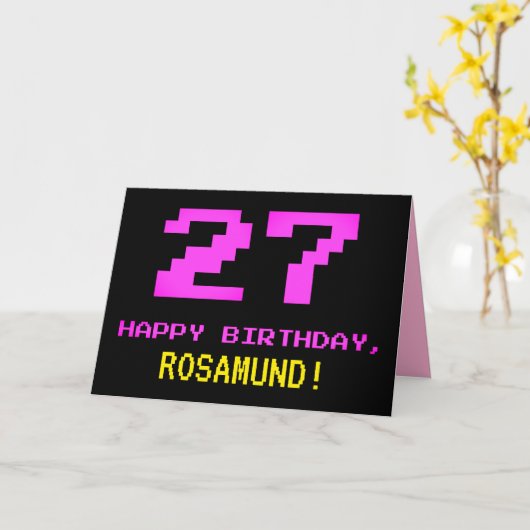 Spaß, Nerdy, Geeky, Pink, 8-Bit Style 27. Geburtst Karte (Gelbe Blume)