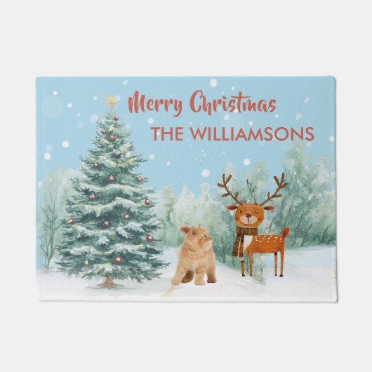 Spaß Neugierige Katze und stilvolle Weihnachten de Fußmatte (Vorderseite)