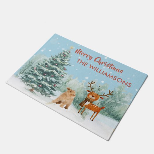 Spaß Neugierige Katze und stilvolle Weihnachten de Fußmatte (Schrägansicht)