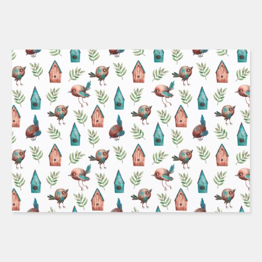 Spaß Niedliche Rustikale Vogelhäuser Streifen Geschenkpapier Set (Vorderseite)