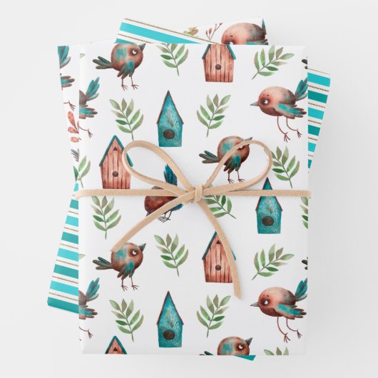 Spaß Niedliche Rustikale Vogelhäuser Streifen Geschenkpapier Set (Beispiel)