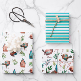 Spaß Niedliche Rustikale Vogelhäuser Streifen Geschenkpapier Set