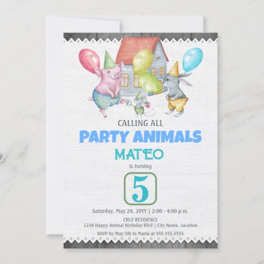 Spaß Party Tiere Geburtstag Einladung (Vorderseite)