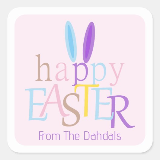 Spaß Personalisierte fröhliche Ostern Bunny Pink Quadratischer Aufkleber (Vorderseite)