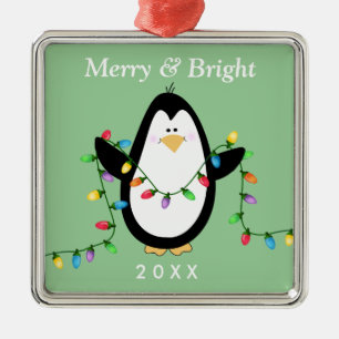 Spaß-Pinguin-fröhliches und helles quadratisches Ornament Aus Metall