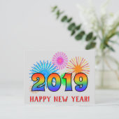 Spaß, Regenbogenfarben 2019 + "GLÜCKLICHES NEUES J Postkarte (Stehend Vorderseite)
