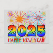 Spaß, Regenbogenfarben 2025 + "GLÜCKLICHES NEUES J Postkarte (Vorderseite)